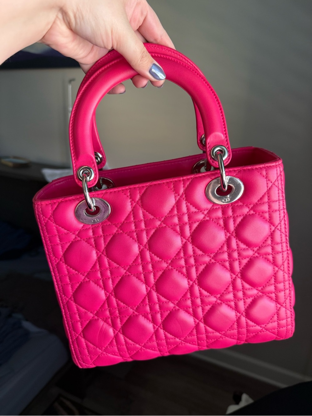 Christian Dior Medium Lady Dior in stunning fuchsia lambskin w/ silver hardware - Picture 5 of 6